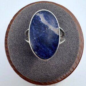 VTG Solid Sterling Silver 925 Oval Sodalite Bezel Set Statement Ring Size 5
